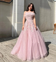 Voguable Pale Pink Ball Gown Prom Dress Lace Embroidery Off Shoulder Ostrich Hair voguable