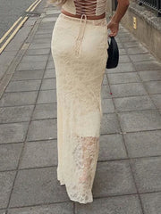 TARUXY Lace Mesh Splice Long Skirts For Women 2023 See Through Sexy High Waist Maxi Skirt Femme Club Hollow Out Skirts Ladies voguable