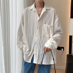 Voguable Shirts for men Apricot Handsome Lapel Men Blouse Vacation Hollow Out Sexy Fashion Men Clothing Male Mesh Long-sleeved Shirts voguable