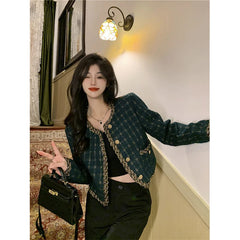 Vintage Cropped Tweed Jacket Women Elegant Blazer Korean Single Breasted Short Coats Autumn Winter Chic Suit Outerwear New voguable