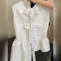 Voguable Elegant Fashion O-neck Bow Lace Up Tank Top Summer New Ruffles Vest for Women Y2k Irregular Sleeveless Blouses voguable