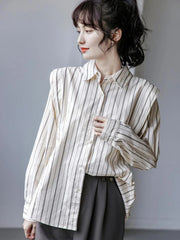 Voguable Elegant Chic Women Striped Shirt Casual Loose Design Blouse Korean Fashion Long Sleeve Simple All Match Office Lady Tops voguable