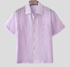 Men Shirt Solid Color Lapel Short Sleeve Summer Pleated Men Clothing Streetwear 2025 Pockets Fashion Male Shirts Tops voguable