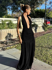 Mozision Halter Deep V Neck Sexy Maxi Dress For Women Gown Fashion Solid Sleeveless Backless Draped Ruched Bodycon Long Dress voguable