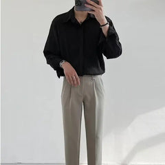 Voguable Black Apricot White Long-sleeved Shirt Men Fashion Social Men Dress Shirt Korean Loose Casual Pleated Shirts Men Formal Shirt voguable