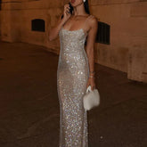 Fashion Rhinestone High Waist Slim Long Dress New Lady Sexy Off Shoulder Party Dress Casual Backless Hollow Suspender Dress Pbong