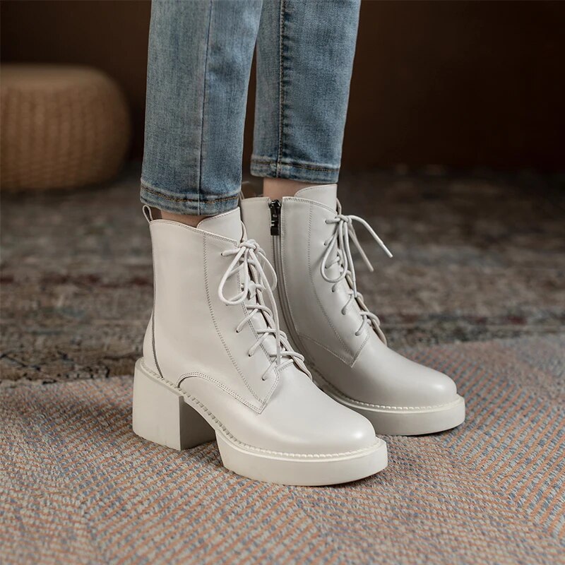 Retro Lace-up Mature Female Concise Women Ankle Boots Genuine Leather Thick Heels Autumn Winter Side Zipper Office Shoes Woman voguable