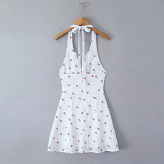 YENKYE Sexy Backless Halter Holiday Beach Dress For Women Sleeveless A-line Cherry Print Summer Dresses Short Robe voguable