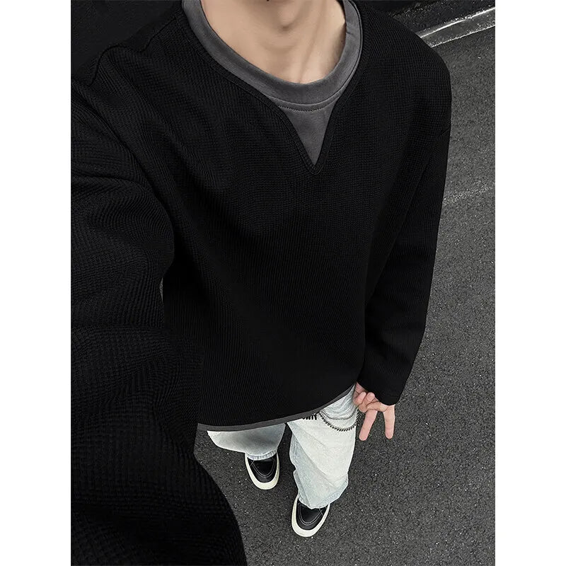 Spring Long Sleeved T-shirt Men Fashion Gray Black Checkered T Shirt Men Streetwear Korean Loose Round Neck T Shirt Mens Top voguable