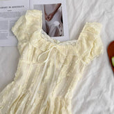 Voguable French Sweet Puff Sleeve Women Dress Elegant Casual Fashion Waist Vestidos Lace Exquisite Simple Square Neck A Line Cute Skirt voguable