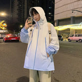 Spring Gradient Windbreaker Men's Multi Zippers Casual Climbing Hat Jacket Unisex Fashion Gorpcore Camping Fishing Coat