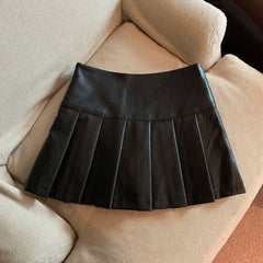 MEXZT S-3XL Y2K Pu Leather Mini Skirts Women Streetwear High Waist Pleated Skirt Vintage Korean Black Slim Casual A Line Skirts voguable