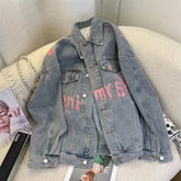 Voguable Denim Jacket Womens Clothing Autumn Winter Korean Printed Jeans Coat Female Retro Pop Street Loose Denim Top voguable