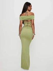 Off-shoulder Strapless Sexy Maxi Dress For Women Green Lace Sheer Sleeveless Backless Bodycon Club Party Long Dress voguable