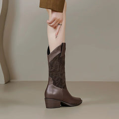 Retro Western Women Mid-Calf Boots Genuine Leather High Quality Shoes Woman Fashion Sewing Casual Office Lady Autumn Winter voguable