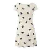 French Style Floral Print Summer Dress For Women Short Sleeve V Neck A-line Mini Dresses Holiday Robe