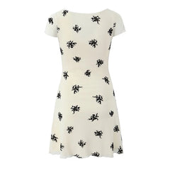 French Style Floral Print Summer Dress For Women Short Sleeve V Neck A-line Mini Dresses Holiday Robe