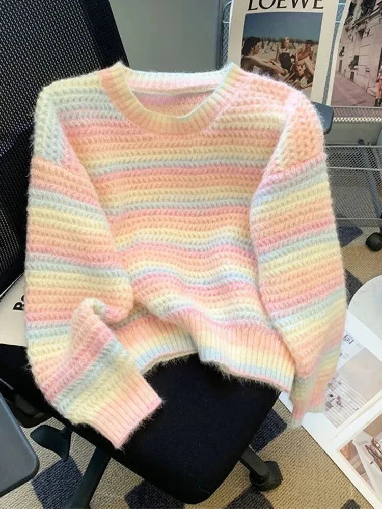 Women Chic Rainbow Sweater Loose Cute O Neck Long Sleeve Knitted Jumpers Fall Winter Lazy Wind Japan Fashion Sweet Pullover voguable