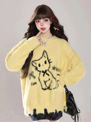 Kawaii Hole Sweet Sweaters Women Vintage Faux Mink Cashmere Cartoon Knitted Jumper Preppy Style Cute Japan Lazy Wind Tops voguable