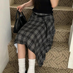 Preppy Style Plaid Print Skirt Grey Low Rise Loose Irregular A-line Midi Skirts Women Harajuku Clothes y2k Streetwear New voguable