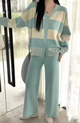 Spring New Women Sweater Set Casual Cardigans Suits Winter Knitted Loose Long Sleeve Striped Patchwork Tops Wide Leg Pants voguable