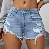 Voguable High Waist Ripped Jean Shorts for Women Summer Sexy Slim Fit Denim Shorts Woman Vintage Blue Raw Hem Pocket Hot Mini Pants voguable