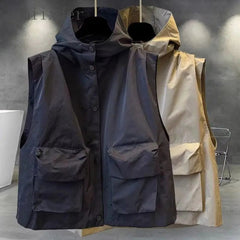 Voguable Workwear Cargo Vest Coat Couple Solid Color Hooded Outer Vest Autumn Korean Punk Pocket Hooded Jacket Unisex Loose Streetwear voguable