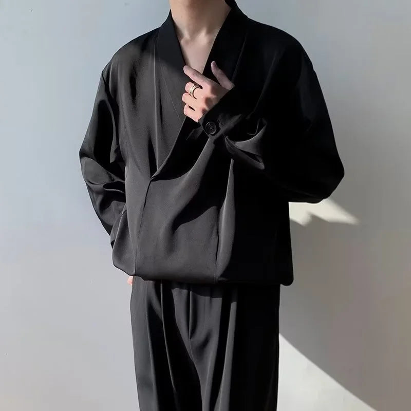 Voguable Black Long-sleeved Shirt Men Fashion Social Men Dress Shirt Korean Loose Casual Ice Silk Pullover Shirts Men Formal Shirt M-2XL voguable