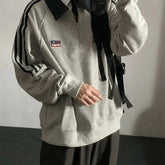 American Style Vintage Autumn Winter Sweatshirts Women Lapel Patchwork Half Zipper Label Preppy Style Long Sleeve Loose Hoodies voguable