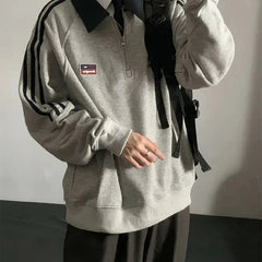 American Style Vintage Autumn Winter Sweatshirts Women Lapel Patchwork Half Zipper Label Preppy Style Long Sleeve Loose Hoodies voguable