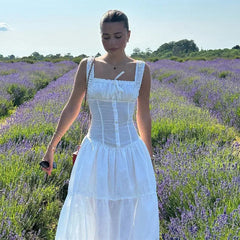 Voguable Elegant Square-Neck White Dress Women Spring Summer Slim Lace Up Sleeveless Dress Y2K Korean Buttons Beachwear Party Vestido New voguable