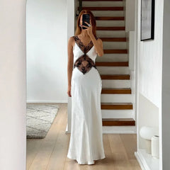 TARUXY Elegant Lace Backless Hollow Maxi Dress For Women V Neck Patchwork Fashion Print High Waist Party Dress Female Long Dress voguable