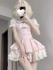 Voguable 2024 Lolita Kawaii 2 Piece Sets Women Cute Slim Blouse Blouse + Sweet Lace Sleeveless Y2k Mini Dress Japanese Style Fashion Suit voguable