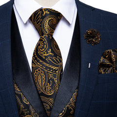 Brand Suit Vest Set For Men Luxury Silk Black Gold Paisley Dress Vest Tie Cufflinks Handkerchief Set Male Sleeveless Waistcoat voguable