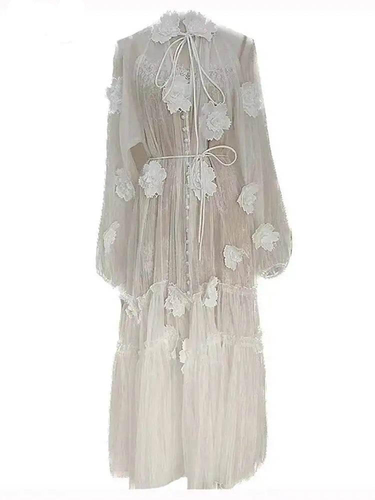 Solid Flower Embroidery Lace Up Dresses For Women Round Neck High Waist Long Sleeve Elegant Dress Summer 2025 voguable