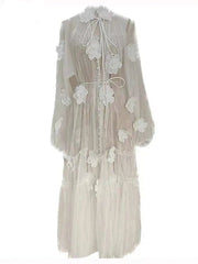 Solid Flower Embroidery Lace Up Dresses For Women Round Neck High Waist Long Sleeve Elegant Dress Summer 2025 voguable