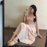 Voguable Pink Patchwork Camis Dress Women Sexy Chic Spaghetti Strap Long Dress Korean Fashion All Match Square Neck Casual Slim Vestidos voguable