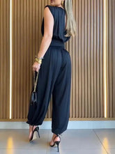 Voguable New Sleeveless Work Clothes with Padded Shoulders, Waist Waist, Side High Fork, Casual Hollow Back Ruffle jumpsuit voguable
