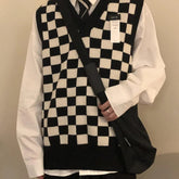 Voguable Sweater Vest Autumn New Loose Men's Checkerboard Plaid Vintage V-neck Sleeveless Knitted Vests Color Contrast Casual Sweaters voguable