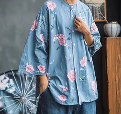 2025Men Shirt Flower Printing Stand Collar 3/4 Sleeve Oversize Men Clothing Streetwear Korean Style Casual Male Shirts voguable
