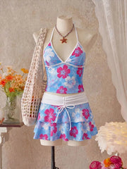 Voguable Women Floral 3 Piece Tankini Set Halter Neck Tank Top Bikini Brief Drawstring Tiered Ruffle Swim Skirt Tropical Beach Swimwear voguable