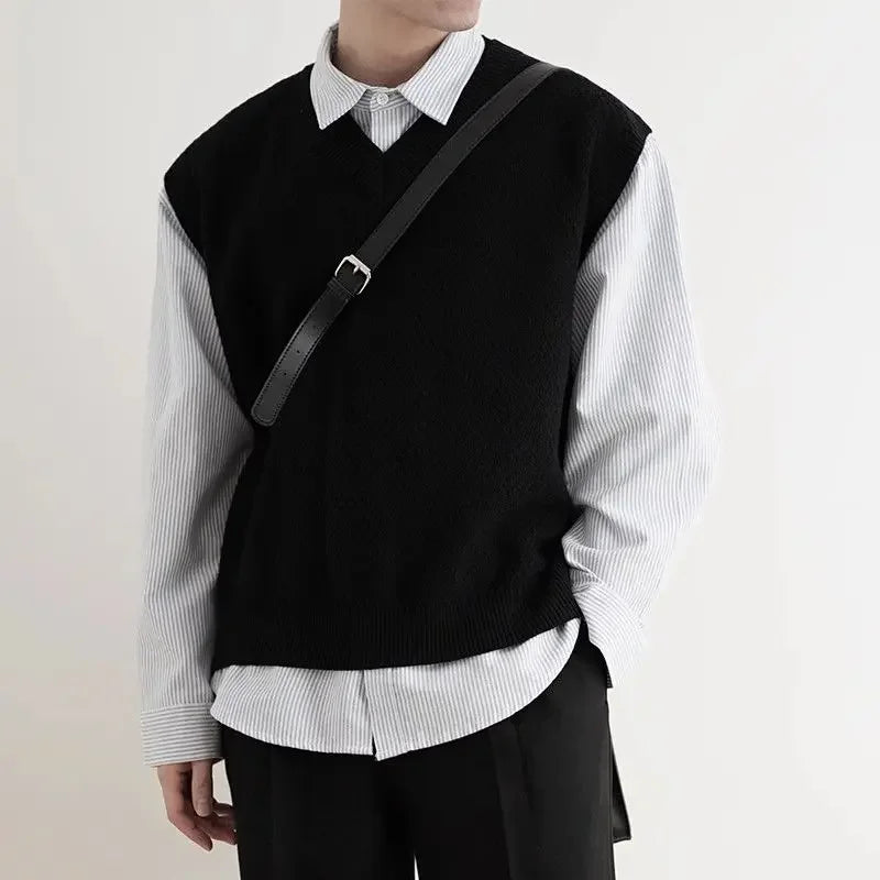 2024 Early Autumn Simple Black V-neck Knitted Sweater Vest for Men Classic Fashion Harajuku Loose Casual All-match Inner Vest voguable
