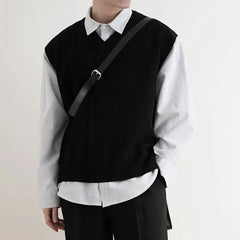 2024 Early Autumn Simple Black V-neck Knitted Sweater Vest for Men Classic Fashion Harajuku Loose Casual All-match Inner Vest voguable