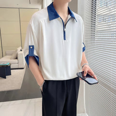 Mens Casual Polo Shirt Half Zip Contrast Collar Loose Fit Comfortable Turn Down Collar Tshirt Relaxed Breathable Top Fashion voguable