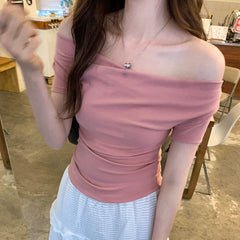 Summer Women's Cropped T Shirts Elegan Slash Neck Short Sleeve Tops Female Korean Slim Office Ladies Basic Tees New voguable