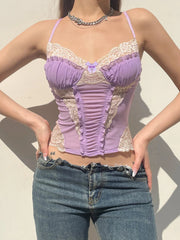 Voguable  y2k Lace Patchwork Purple Coquette Mesh Corset Women Sexy Backless Criss-cross Halter Camis Sweet Aesthetic Crop Top voguable