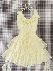 Slim Sweet Ruffles Dress Women Fashion 3D Floral Casual Elegant Mini Dress Summer Sexy Sleeveless Lady Yellow Cake Vestidos voguable