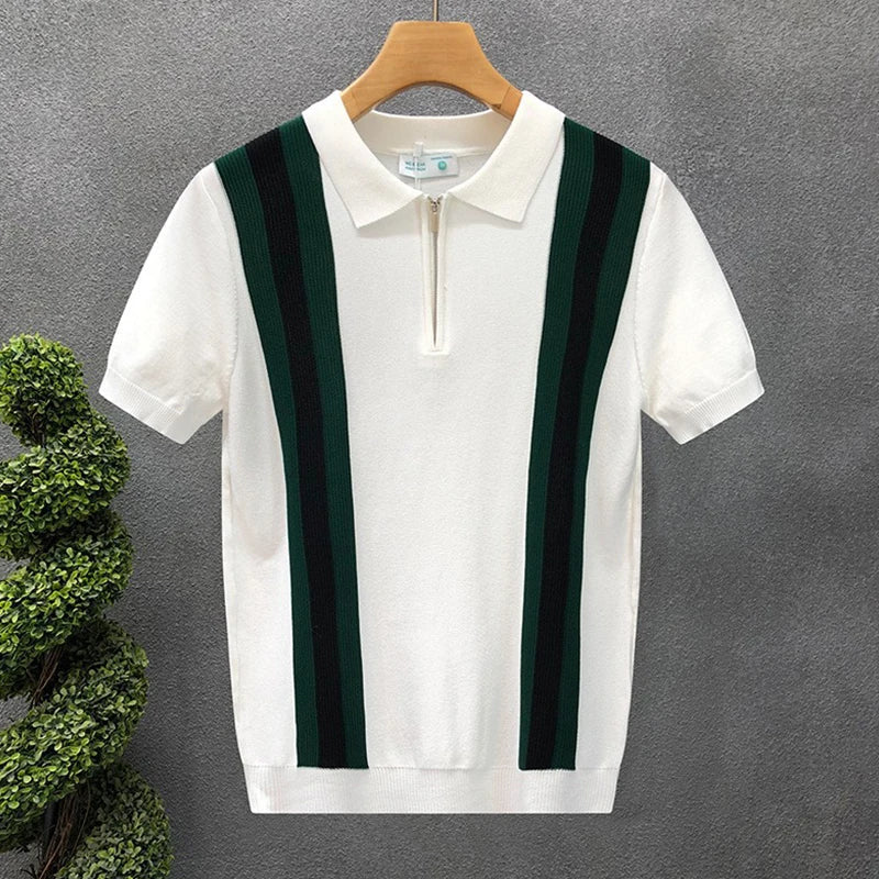 New Men's Clothing Light Luxury Knit Striped Zipper Polo Shirt Business Leisure Short Sleeve Korean Popular Retro Knitwear M-3XL voguable