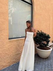 Strap Backless Lace Up Elegant Women's Long Dress Square Neck Sleeveless Solid Color Vestidos Lady Summer Solid Color Beach Robe