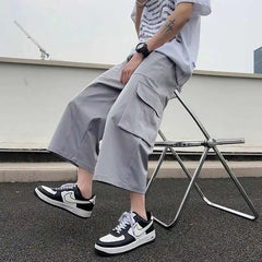 Summer Casual Pants Men Fashion Pocket Cargo Pants Men Japanese Streetwear Hip-hop Loose Wide Leg Pants Mens Cropped Pants voguable